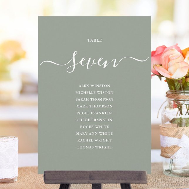 Invitation Sage Green Chic Script Tableau Numéro de siège Tab (Sage Green Chic Script Table Number Seating Chart)