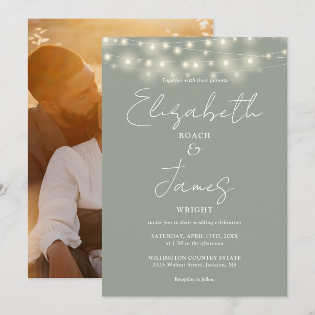 Invitation Sage Green Chic String Lights Script Mariage photo (Devant / Derrière)