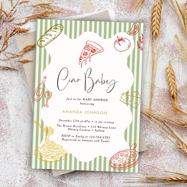 Invitation Sage Green Ciao Bébé Fête de Naissance Pizza Itali (Créateur téléchargé)