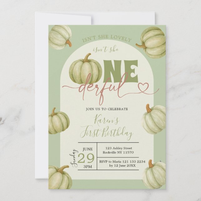 Invitation Sage Green Citrouille Onederday 1er anniversaire (Devant)