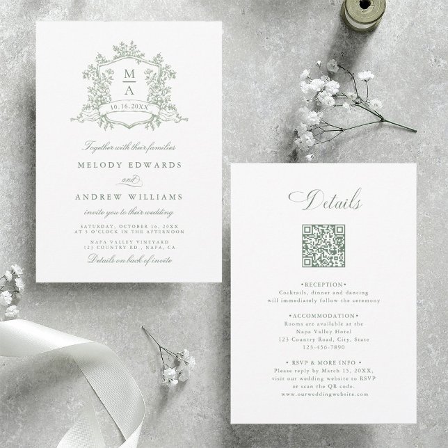 Invitation Sage Green Classic Floral Crest Wedding All in One (Front & Back)