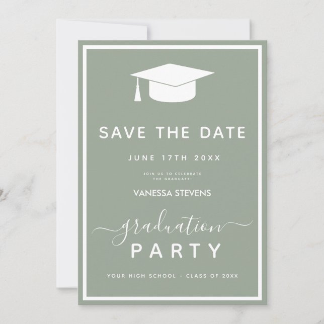 Invitation Sage Green Classic Graduation Enregistrer la date (Devant)