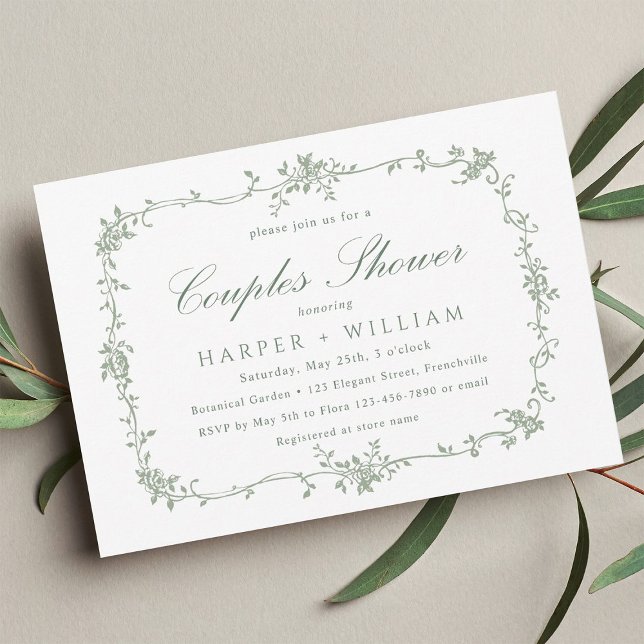 Invitation Sage Green Classique Français Floral Couples Douch (Créateur téléchargé)