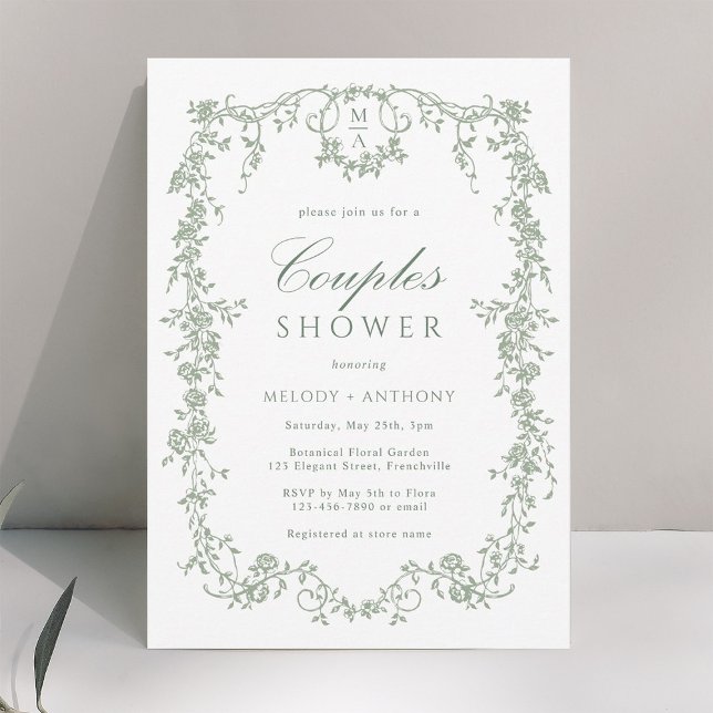 Invitation Sage Green Classique Français Floral Couples Douch (Créateur téléchargé)