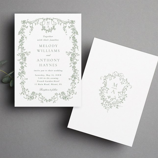 Invitation Sage Green Classique Mariage Floral Français (Front & Back)