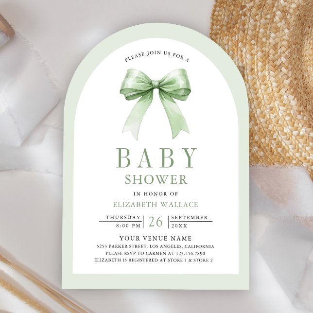 Invitation Sage Green Coquette Bow Arch QR Code Baby shower (Créateur téléchargé)