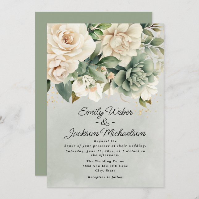 Invitation Sage Green Cream Aquarelle Floral Mariage or (Devant / Derrière)