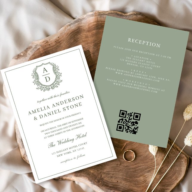 Invitation Sage Green Crest Monogram Mariage QR Code (Créateur téléchargé)