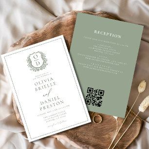 Invitation Sage Green Crest Monogram Mariage QR Code