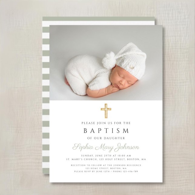 Invitation Sage Green Croix religieuse Photo Baptême (Sage Green Religious Cross Stripes Photo Baptism Invitation)