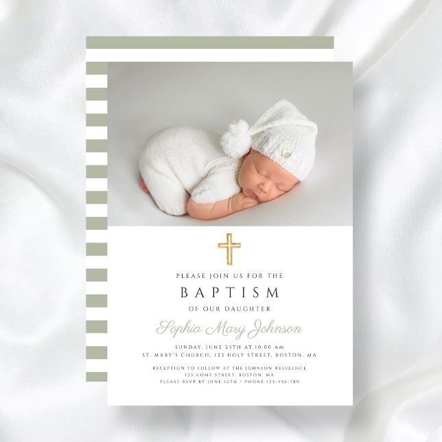 Invitation Sage Green Croix religieuse Photo Baptême (Sage Green Religious Cross Stripes Photo Baptism Invitation)