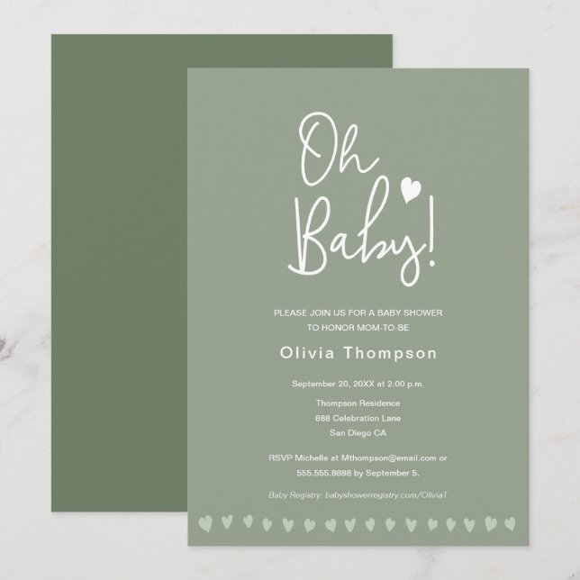 Invitation Sage Green Custom Oh Baby shower Genre Neutre (Devant / Derrière)