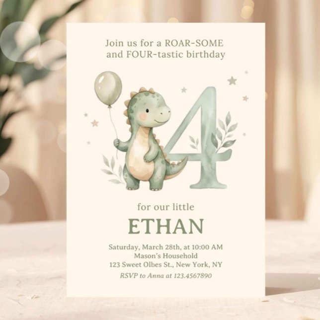 Invitation Sage Green Cute Dinosaur 4th Birthday (dinosaur birthday invitation, 4th birthday invite, dino party invitation, roarsome four invite, dino)