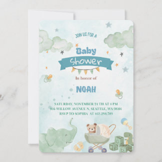 Invitation Sage Green Cute Elephant Teddy Bear Boy Baby