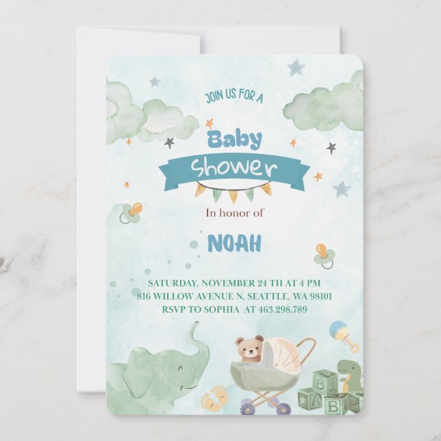 Invitation Sage Green Cute Elephant Teddy Bear Boy Baby (Devant)