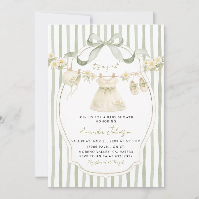 Invitation Sage Green Daisy Clothesline Baby Shower Invite (Devant)