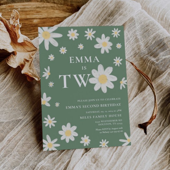 Invitation Sage Green Daisy Deuxième 2e anniversaire Deux (Créateur téléchargé)