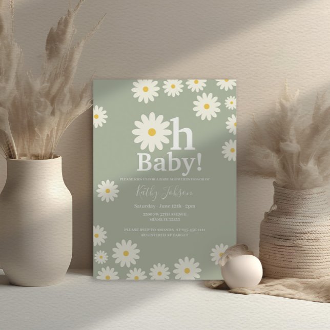 Invitation Sage Green Daisy Floral Bohemian Girl Baby shower (Créateur téléchargé)