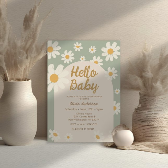 Invitation Sage Green Daisy Hello Baby Retro Baby Douche (Créateur téléchargé)