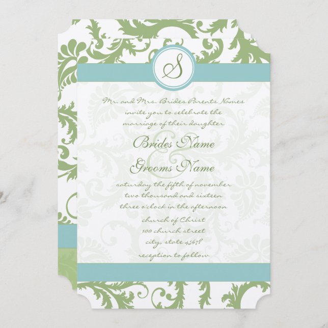 Invitation Sage Green Damask et Aqua Mariage damassé Invitati (Devant / Derrière)