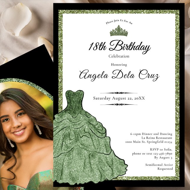 Invitation Sage Green Dress and Tiara 18th Birthday Debut  (Créateur téléchargé)