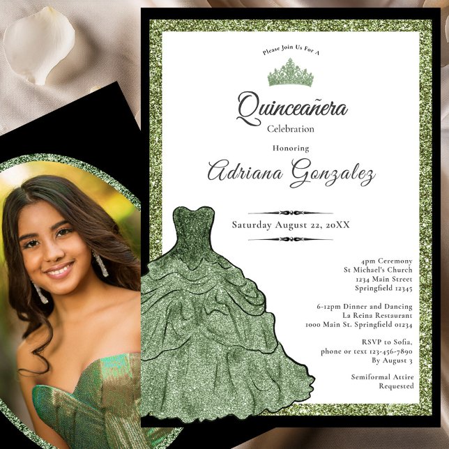 Invitation Sage Green Dress & Tiara Custom Photo Quinceanera (Créateur téléchargé)