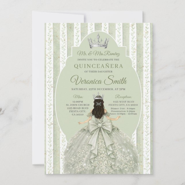 Invitation Sage Green Dress with Bow Quinceañera Birthday (Devant)
