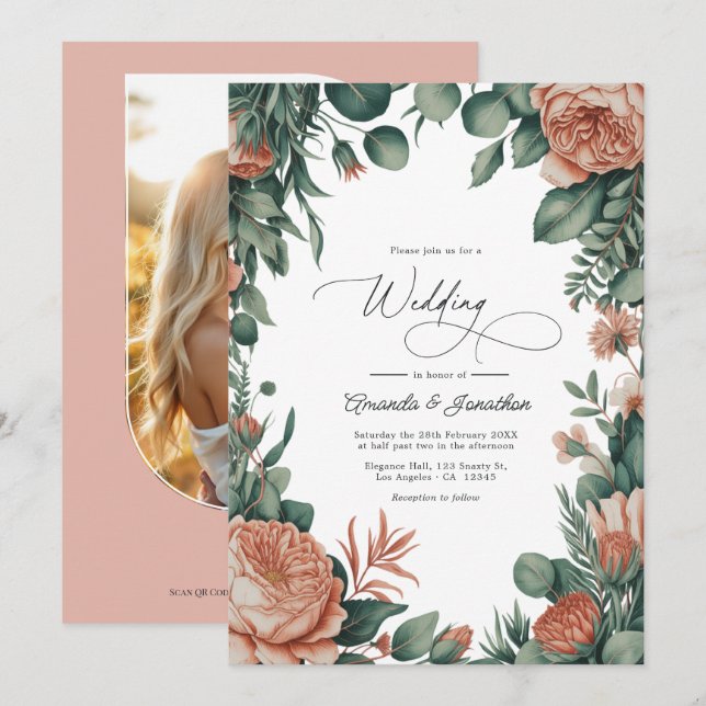 Invitation Sage Green & Dusty Peach Watercolor Floral Wedding (Devant / Derrière)