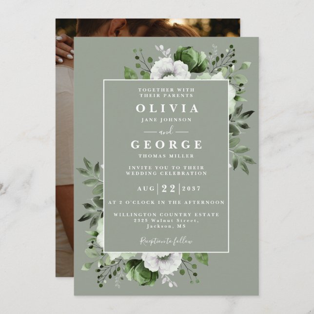 Invitation Sage Green Elegant Botanique Floral Mariage Photo (Devant / Derrière)