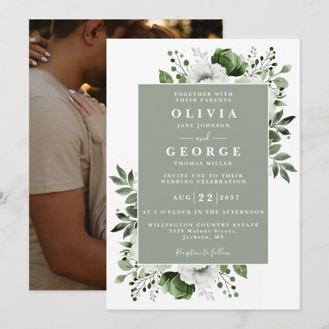 Invitation Sage Green Elegant Botanique Floral Mariage Photo (Devant / Derrière)