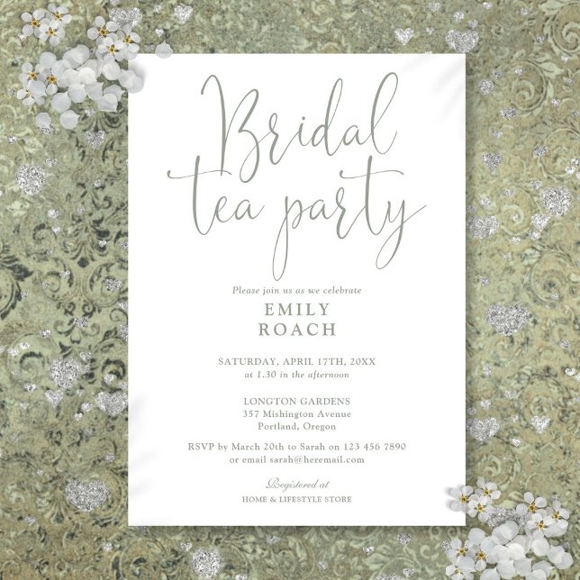 Invitation Sage Green élégant écriture Bridal Tea Party Showe (Sage Green Elegant Script Bridal Tea Party Shower Invitation)