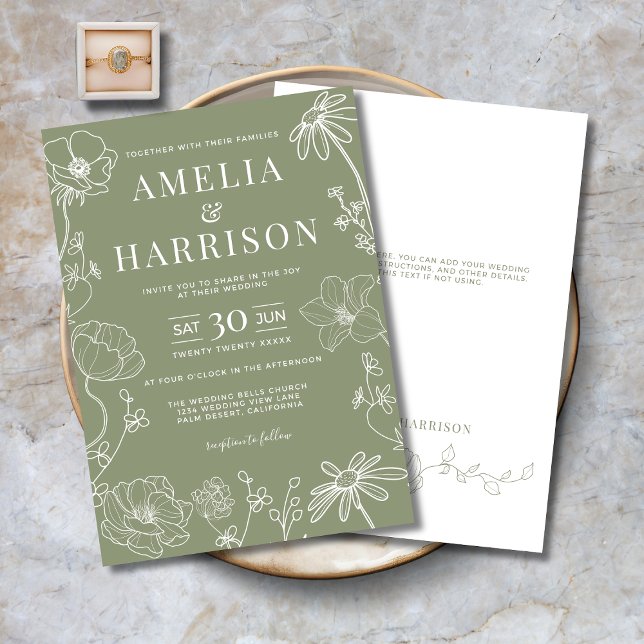 Invitation Sage Green Elegant Floral Line Art Mariage (Sage Green Elegant Floral Line Art Wedding Invitation with Optional Text on Back.)