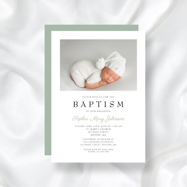 Invitation Sage Green Elegant Photo Boy Baptême (Sage Green Elegant Photo Boy Baptism Invitation)