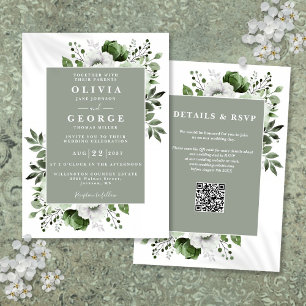 Invitation Sage Green Elegant Rustique Floral Code QR Mariage