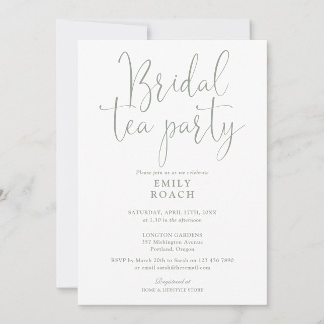 Invitation Sage Green Élégant Script Bridal Tea Party Douche (Devant)