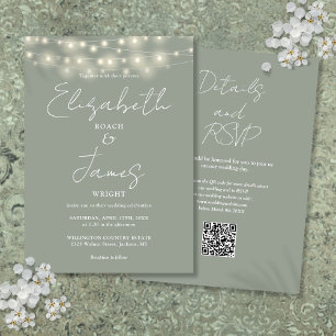 Invitation Sage Green Elegant String Lights QR Code Mariage