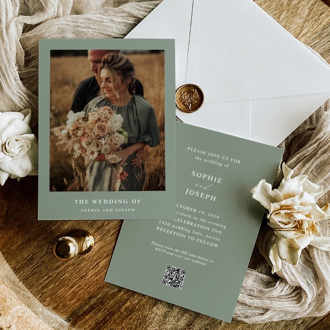 Invitation Sage Green Elegant Texte et Photo QR Code Mariage (Créateur téléchargé)