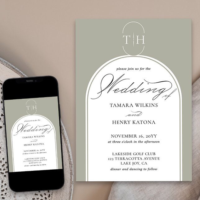 Invitation Sage Green Élégante Calligraphie Mariage monogramm (Elegant monogrammed sage green wedding invitation from my Wedding Colors collection)