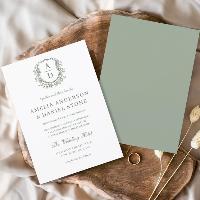 Invitation Sage Green Élégante Cimier Floral Mariage Monogram (Créateur téléchargé)