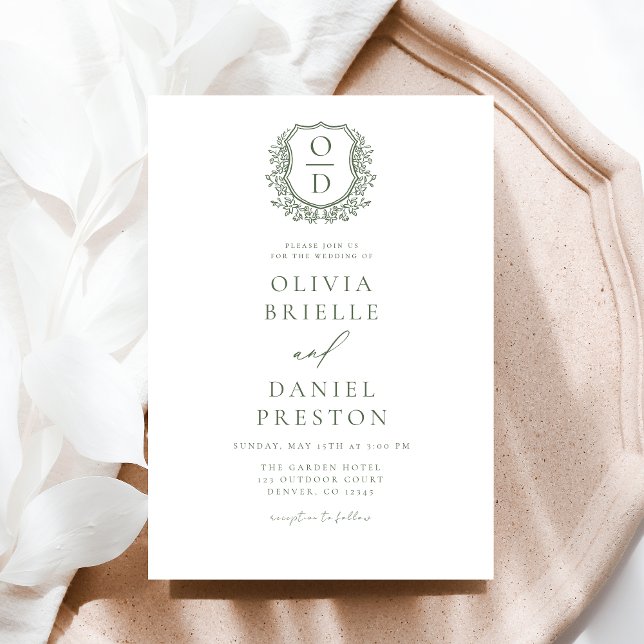 Invitation Sage Green Élégante Cimier Floral Mariage Monogram (Créateur téléchargé)