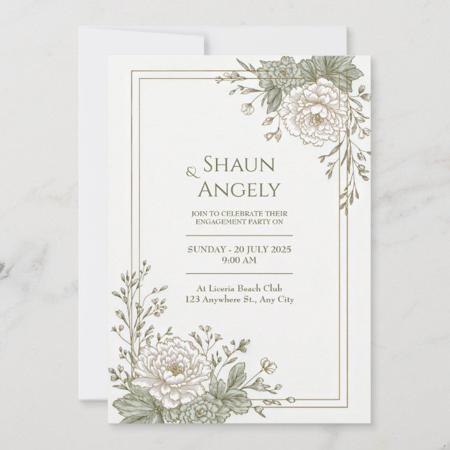 Invitation Sage Green Engraved Peony Gold Frame Wedding (Devant)