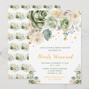 Invitation Sage Green et crème Sweet sixteen Floral
