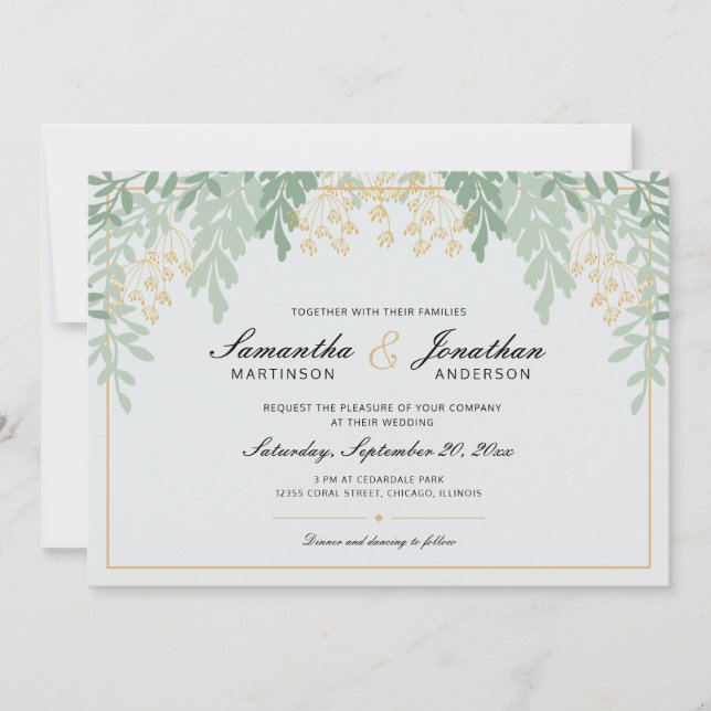Invitation Sage Green et Gold Greenery Mariage (Devant)