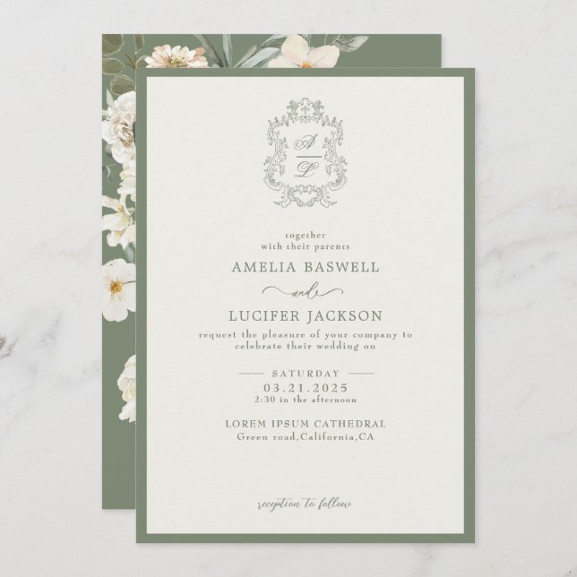 Invitation Sage Green et ivoire Floral Monogram Crest Mariage (Devant / Derrière)