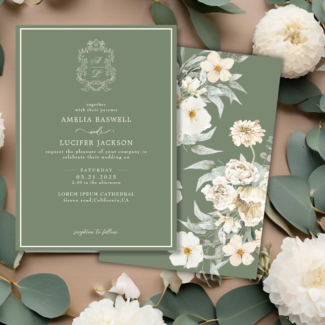 Invitation Sage Green et ivoire Floral Monogram Crest Mariage (Créateur téléchargé)