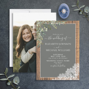 Invitation Sage Green Eucalyptus dentelle en bois Script Phot