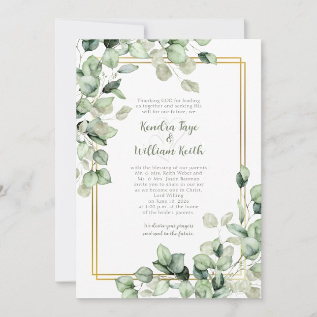 Invitation Sage Green Eucalyptus Leaves Gold Frame Wedding (Devant)