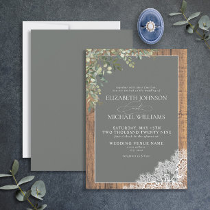 Invitation Sage Green Eucalyptus Wood Lace Script Mariage Inv