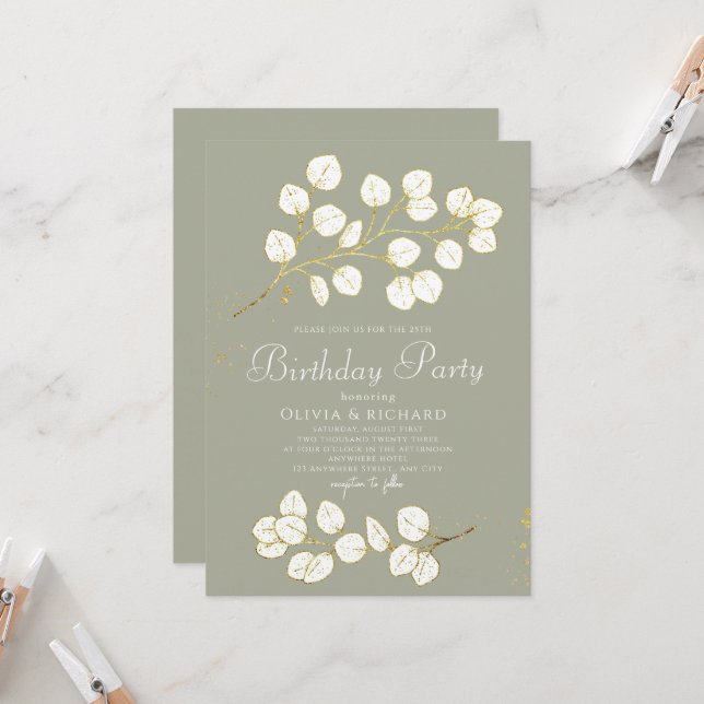 Invitation Sage Green Faux Gold Green Eucalyptus (Devant/Arrière en situation)