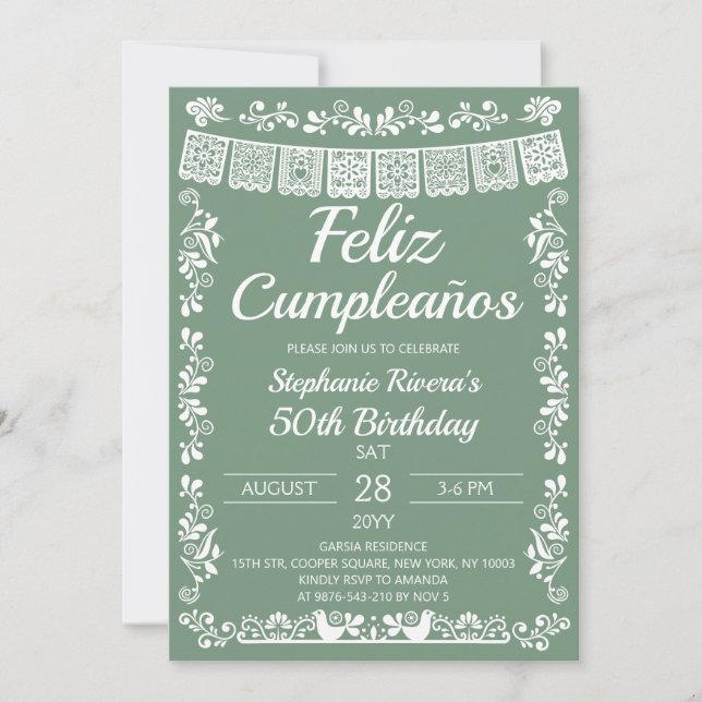Invitation Sage Green Feliz Cumpleaños 50e Anniversaire (Devant)